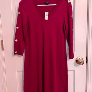Talbots Burgundy Cotton-blend long sleeve Sweater Dress with Gold Button Accents
